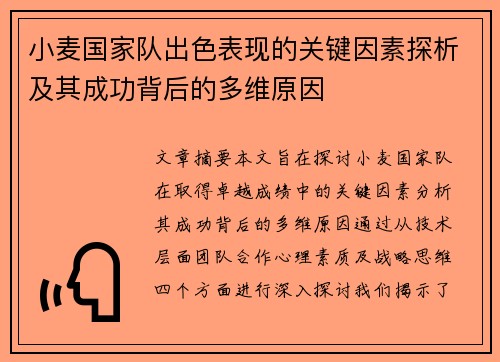 小麦国家队出色表现的关键因素探析及其成功背后的多维原因