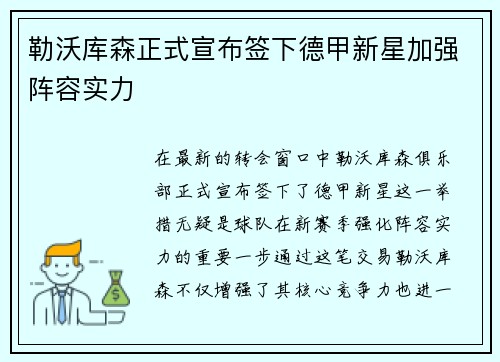 勒沃库森正式宣布签下德甲新星加强阵容实力